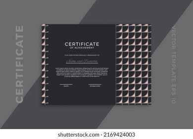 Trendy horizontal certificate of appreciation dark template with geometric pattern. Modern business diploma mockup for graduation or course completion. Vector background EPS 10