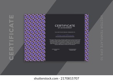 Trendy horizontal certificate of appreciation dark template with geometric pattern. Modern business diploma mockup for graduation or course completion. Vector background EPS 10