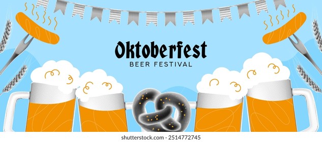 Collage Horizontal de moda para el Oktoberfest. Ilustración vectorial con Elementos de medio tono Oktoberfest para Anuncios de decoración, volantes, redes sociales, anuncios, eventos, vacaciones. Fondo festivo.