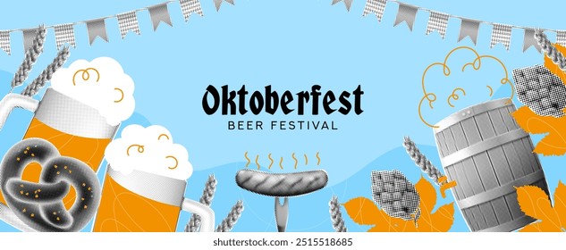 Trendy horizontale Collage für Oktoberfest. Vektorgrafik mit Halbton-Oktoberfest-Elementen für Dekorationsbanner, Flyer, Social Media, Anzeigen, Event, Feiertage. Festlicher Hintergrund.