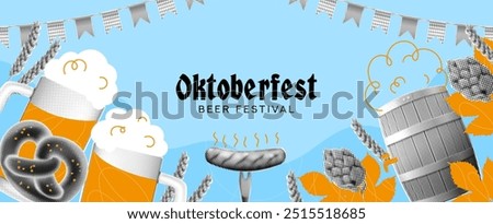 Trendy horizontal collage for Oktoberfest. Vector illustration with halftone Oktoberfest elements for decoration banners, flyers, social media, ads, event, holidays. Festive background.