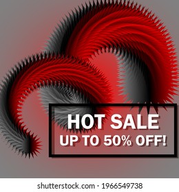 Trendy hot sale discount vector banner design template. Frame of red-hot 3d shape background with off sales text.