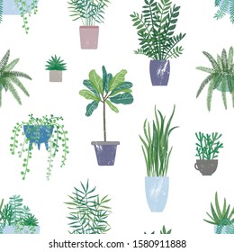 Trendy houseplants seamless pattern. Potted evergreen plant on white background. Indoor flowers backdrop. Domestic decorative greenery texture. Colorful botanical wallpaper, textile design.