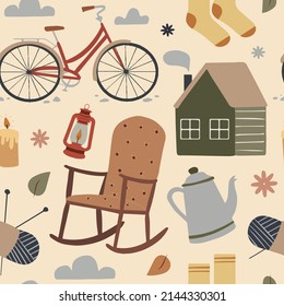 Trendy hygge style pattern. Can be used as wallpapers, wrapping paper, cards, etc. Seamless vector pattern in Scandinavian, Nordic and Folk art style with hygge elements.