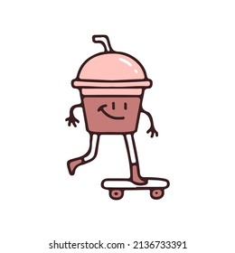 Trendy ice chocolate drink mascot riding skateboard, illustration for t-shirt, street wear, sticker, or apparel merchandise. With doodle, retro, and cartoon style.