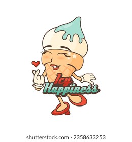 Trendy ice cream logo poster in Groovy style on white background. Ice happiness logo. Branding mascot for cafe. Vector illustration