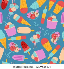 Trendy Eis Vektor nahtlose Muster. Dessert-Arten.Mais, Eis auf einem Stock, Waffel, Schüssel. Farbminimalistische Sommerkollektion. Ideal für Karten, Typografie und Web.
