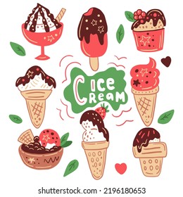 Trendy Ice Cream vector set in cartoon doodle style. Cute hand drawn frozen sweets collection with chocolate sprinkles and berry topping decorated with waffles  strawberry raspberry stars and mint