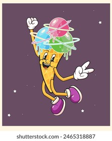 Trendy ice cream waffle cone groovy character. Isolated vector cosmic summer dessert personage. Funny positive mascot wearing wide funky smile, exuding chill vibes and retro nostalgic charm