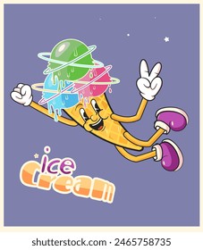 Trendy ice cream waffle cone groovy character. Isolated vector cosmic summer dessert personage. Funny positive mascot wearing wide funky smile, exuding chill vibes and retro nostalgic charm