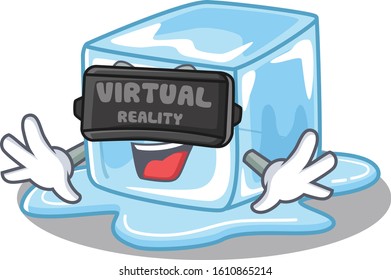 Trendy ice cube character wearing Virtual reality headset