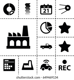 Trendy icon. set of 13 filled trendyicons such as car, curly hair, star, rec, calendar, factory