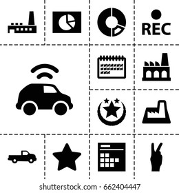 Trendy icon. set of 13 filled trendy icons such as car, calendar, rec, factory, peace, star