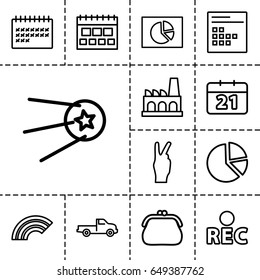 Trendy icon. set of 13 outline trendyicons such as car, calendar, rec, factory, purse, star, peace, rainbow
