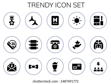 trendy icon set. 15 filled trendy icons.  Collection Of - Star, Phone, Shuriken, Ribs, Hotel, Sun, Wig, Letter, Bow tie, Milkshake, Motivation