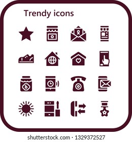 trendy icon set. 16 filled trendy icons.  Simple modern icons about  - Star, Jam, Letter, Smartphone, Sneakers, Home, Phone, Sun