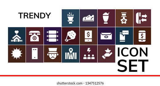trendy icon set. 19 filled trendy icons.  Collection Of - Bouquet, Home, Sun, Smartphone, Gentleman, Phone, Motivation, Star, Ribs, Letter, Sneakers, Milkshake