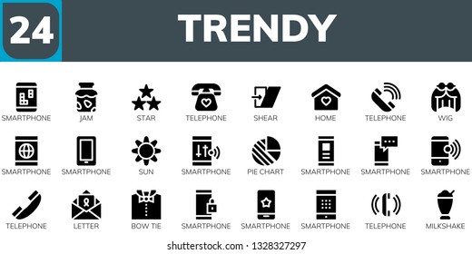 trendy icon set. 24 filled trendy icons.  Simple modern icons about  - Smartphone, Jam, Star, Telephone, Shear, Home, Wig, Sun, Pie chart, Letter, Bow tie, Milkshake
