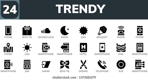 trendy icon set. 24 filled trendy icons.  Simple modern icons about  - Phone, Bow tie, Soundcloud, Moon, Sun, Bouquet, Smartphone, Hotel, Owl, Jam, Shear, Shears, Telephone