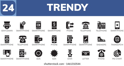 trendy icon set. 24 filled trendy icons.  Collection Of - Gentleman, Smartphone, Phone, Telephone, Sneakers, Tamagotchi, Sun, Star, Letter, Pie chart