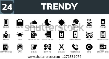 trendy icon set. 24 filled trendy icons.  Simple modern icons about  - Phone, Bow tie, Soundcloud, Moon, Sun, Bouquet, Smartphone, Hotel, Owl, Jam, Shear, Shears, Telephone