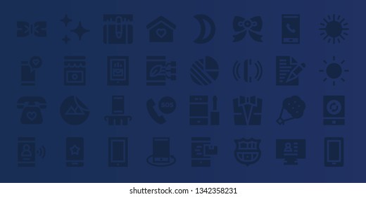 trendy icon set. 32 filled trendy icons. on blue background style Collection Of - Bow tie, Smartphone, Telephone, Stars, Jam, Sticker, Phone, Home, Moon, Pie chart, Suit, Barcelona