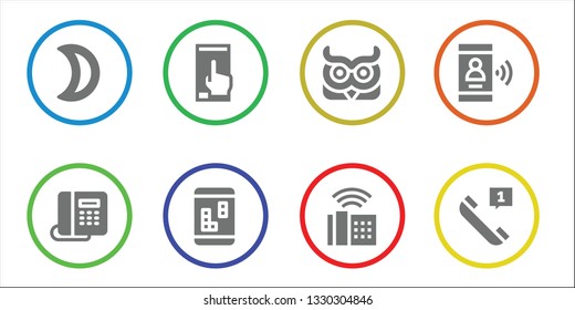 trendy icon set. 8 filled trendy icons.  Collection Of - Moon, Telephone, Smartphone, Owl, Phone