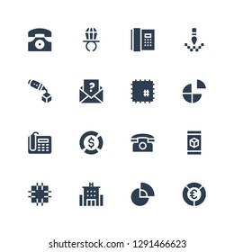 trendy icon set. Collection of 16 filled trendy icons included Pie chart, Hotel, Patch, d, Telephone, Letter, Pixel, Phone, Ring pop