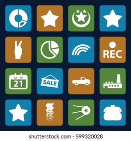 trendy icons set. Set of 16 trendy filled icons such as car, curly hair, star, rec, factory, calendar, sale, peace, rainbow, purse