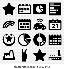 Trendy icons set. set of 16 trendy filled icons such as star, calendar, factory, car, peace, rainbow