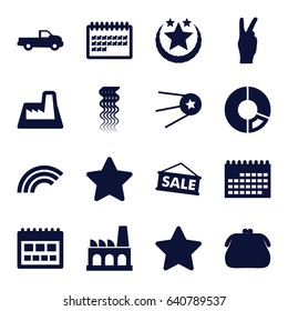 Trendy icons set. set of 16 trendy filled icons such as car, curly hair, calendar, star, factory, sale, peace, rainbow, purse