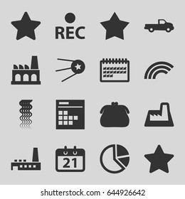 Trendy icons set. set of 16 trendy filled icons such as car, curly hair, calendar, star, rec, factory, rainbow, purse
