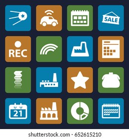 Trendy icons set. set of 16 trendy filled icons such as curly hair, calendar, rec, factory, car, sale, star, rainbow, purse