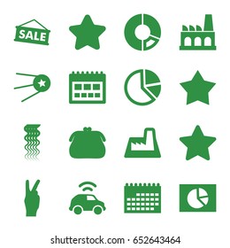 Trendy icons set. set of 16 trendy filled icons such as curly hair, star, factory, car, sale, peace, calendar, purse