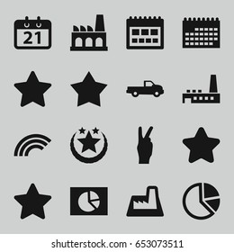 Trendy icons set. set of 16 trendy filled icons such as car, star, factory, calendar, peace, rainbow