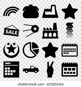 Trendy icons set. set of 16 trendy filled icons such as car, curly hair, star, calendar, factory, sale, peace, rainbow, purse
