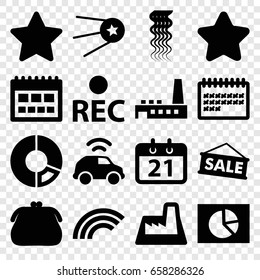 Trendy icons set. set of 16 trendy filled icons such as curly hair, star, calendar, rec, factory, car, sale, rainbow, purse