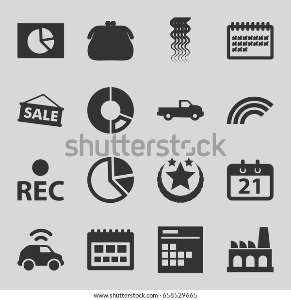 Trendy\
icons set. set of 16 trendy filled icons such as car, curly hair,\
calendar, rec, factory, sale, rainbow, star,\
purse