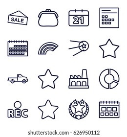 Trendy icons set. set of 16 trendy outline icons such as car, star, rec, calendar, factory, purse, rainbow, pie chart