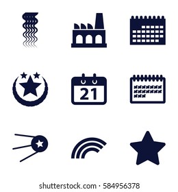 trendy icons set. Set of 9 trendy filled icons such as curly hair, calendar, factory, star