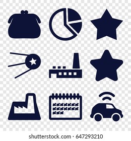 Trendy icons set. set of 9 trendy filled icons such as star, calendar, factory, car, purse