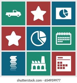 Trendy icons set. set of 9 trendy filled icons such as car, curly hair, star, calendar, factory