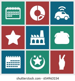 Trendy icons set. set of 9 trendy filled icons such as calendar, factory, car, peace, star, purse