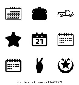 Trendy icons set. set of 9 trendy filled and outline icons such as star, calendar, peace, car