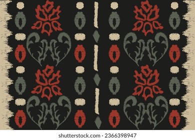 Trendy Ikkat floral seamless pattern with Hand Drawn summer flowers. Folk flowers backdrop in contemporary retro style. Textile printing on black background. Ethnic vintage print. Vector illustration.