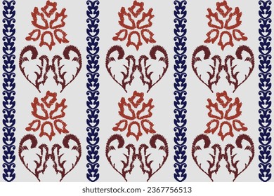 Trendy Ikkat floral seamless pattern with Hand Drawn weird summer flowers. Folk flowers backdrop in contemporary retro style. Textile printing. Design rug. Ethnic vintage print. Vector illustration.