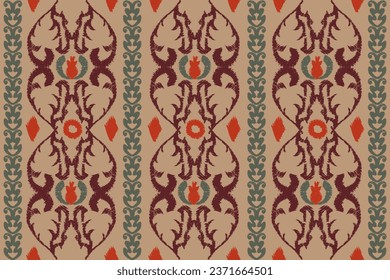 Trendy Ikkat floral seamless pattern with Hand Drawn summer flowers. Folk flowers backdrop in contemporary retro style. Textile printing on light background. Ethnic vintage print. Vector illustration.