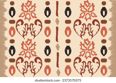 Trendy Ikkat florales nahtloses Muster mit handgezeichneten Sommerblumen. Folkloreblumen im zeitgenössischen Retro-Stil. Stoffdruck auf hellem Hintergrund. Ethnischer Teppichdruck. Vektorgrafik.