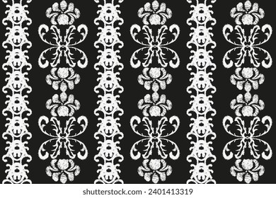 
Trendy Ikkat floral seamless pattern with Hand Drawn summer flowers on black. Matisse flowers backdrop in contemporary retro style. Vector illustration.
