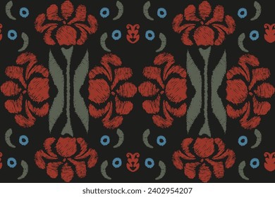 
Trendy Ikkat floral seamless pattern with Hand Drawn summer flowers on black. Matisse flowers backdrop in contemporary retro style. Vector illustration. Vinyl Wallpaper design. Home Decor ornament